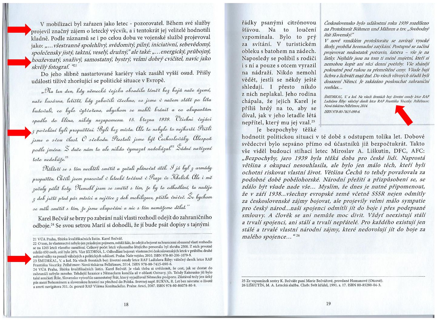 Příklad překombinované sazby textu. Šipky označují různé typy písma.