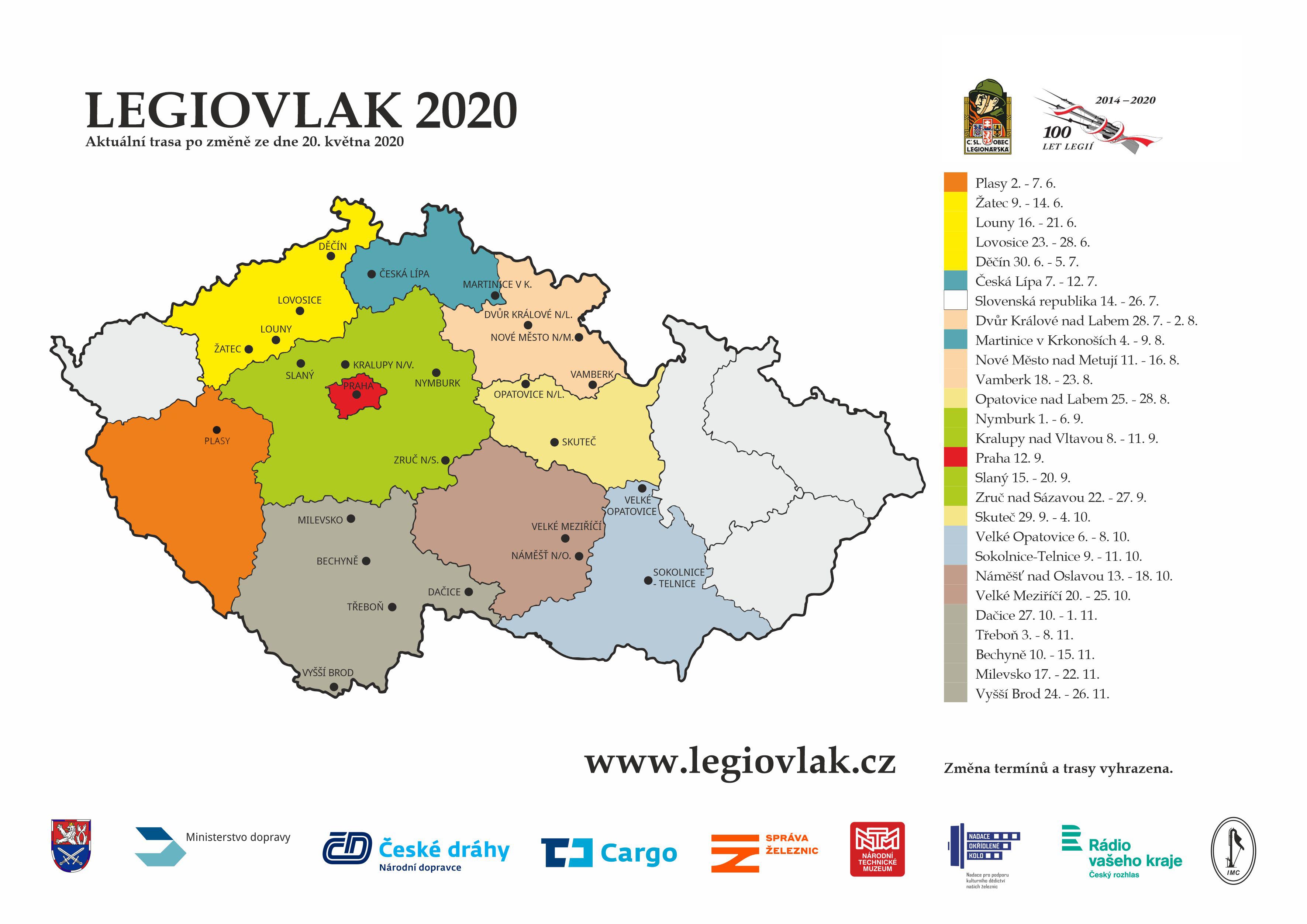 Mapa zastávek v roce 2020